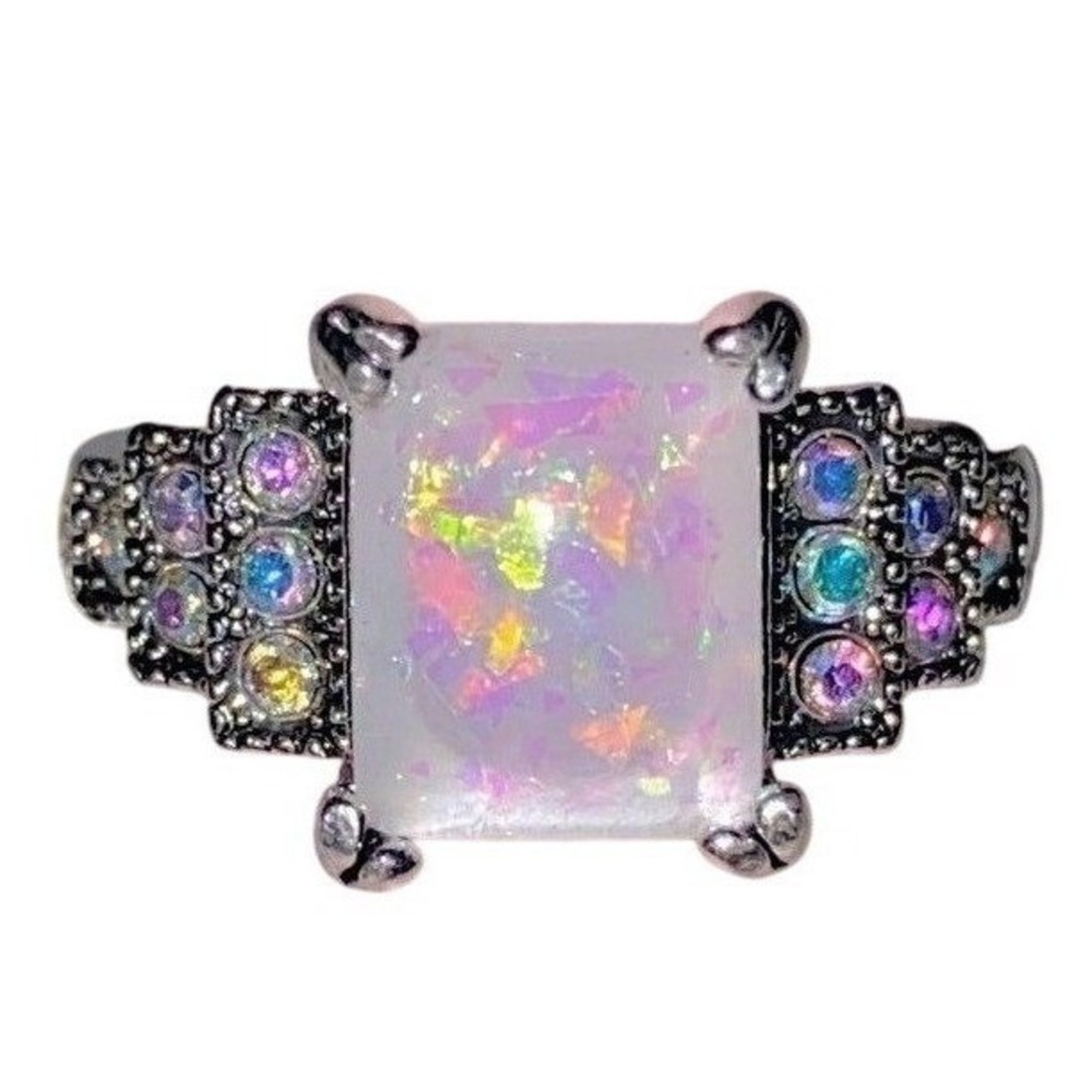 New Sz 8‎ Silver Opal Tiered Cluster Statement Square Cocktail Ring